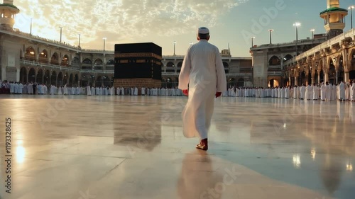 A Pilgrim Walking Towards the Kaaba in the Holy Mosque During Sunset in Mecca, Saudi Arabia
