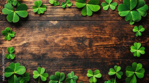 Green clover leaves framing rustic wooden background for st. patrick's day. Saint Patrick's Day, St Paddy's Day, St Patty's Day - Irish National Holiday and Cultural Celebration
