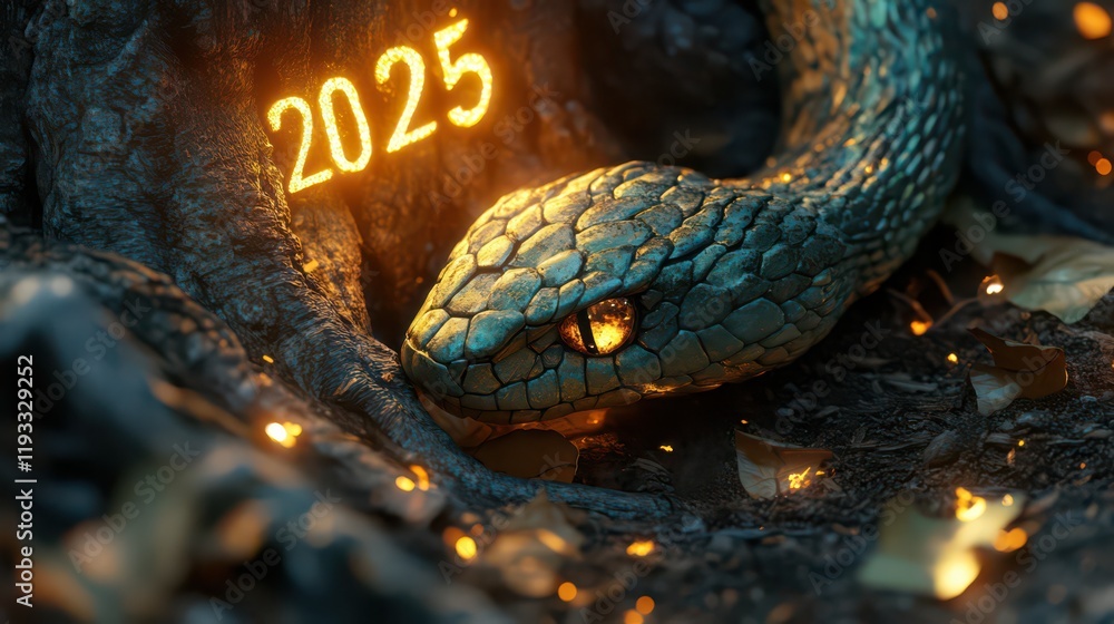 Fototapeta premium Green Snake Shedding Its Skin with a Glowing '2025' Sign in a Mystical Forest Setting, Perfect for Fantasy Art, Symbolic Themes, and New Year Celebrations