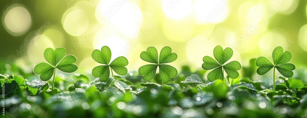 Bright morning with fresh dew on four-leaf clovers in a sunlit field. Saint Patrick's Day, St Paddy's Day, St Patty's Day - Irish National Holiday and Cultural Celebration Bright morning with fresh dew on four-leaf clovers in a sunlit field. Saint Patrick's Day, St Paddy's Day, St Patty's Day - Irish National Holiday and Cultural Celebration