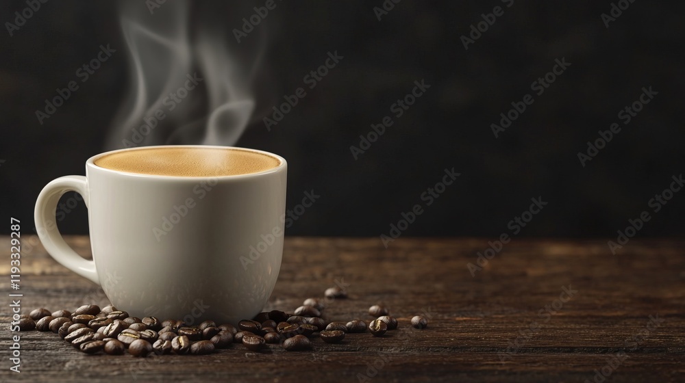Steaming Espresso Cup on Rustic Wooden Table with Coffee Beans, Espresso bean hot coffee cup concept. Steaming Espresso Cup on Rustic Wooden Table with Coffee Beans, Espresso bean hot coffee cup concept.