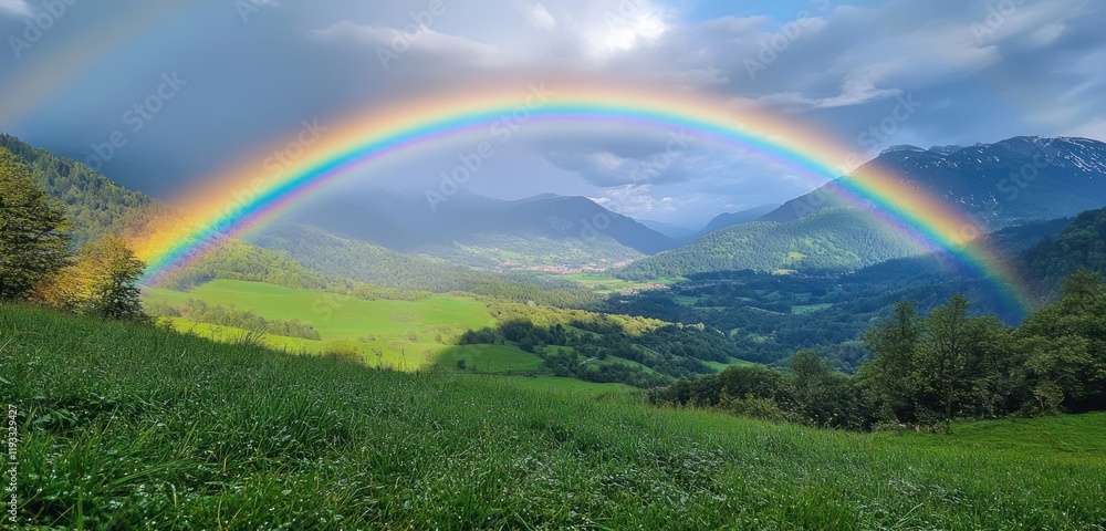 A rainbow arcing over a lush green valley with morning dew glistening on the grass A rainbow arcing over a lush green valley with morning dew glistening on the grass