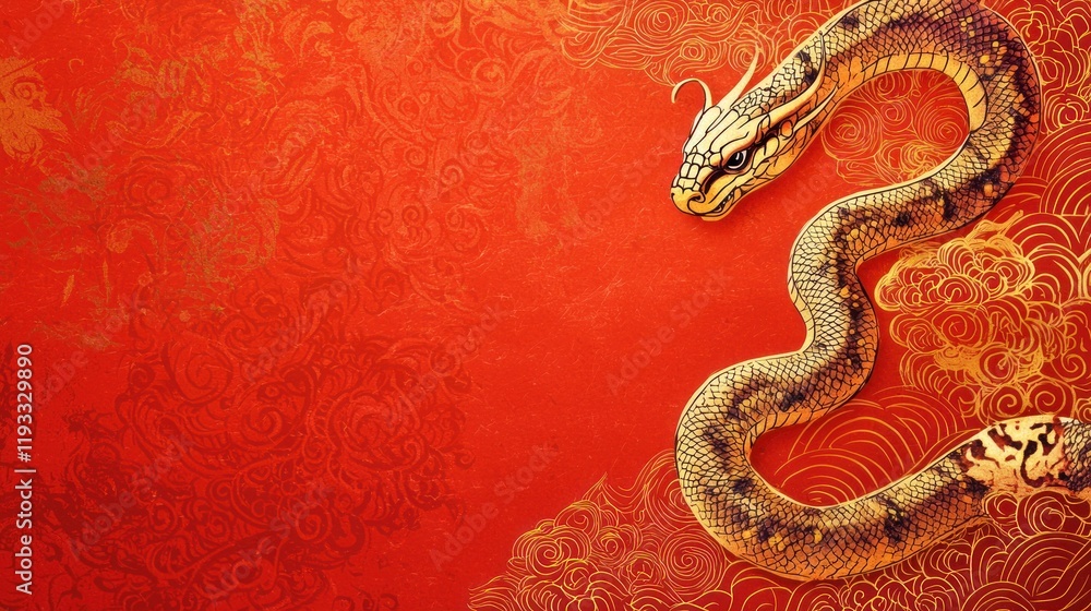 A Chinese New Year 2025 banner with a snake symbol, rich gold accents, and space for adding celebratory messages A Chinese New Year 2025 banner with a snake symbol, rich gold accents, and space for adding celebratory messages