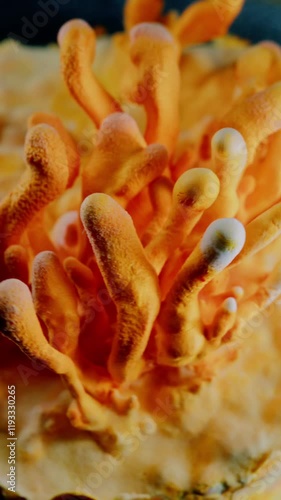 A stunning macro close-up of Cordyceps mushroom rotating in a vertical 4K video. The shot emphasizes the intricate texture and vibrant orange hues of this rare medicinal fungus.