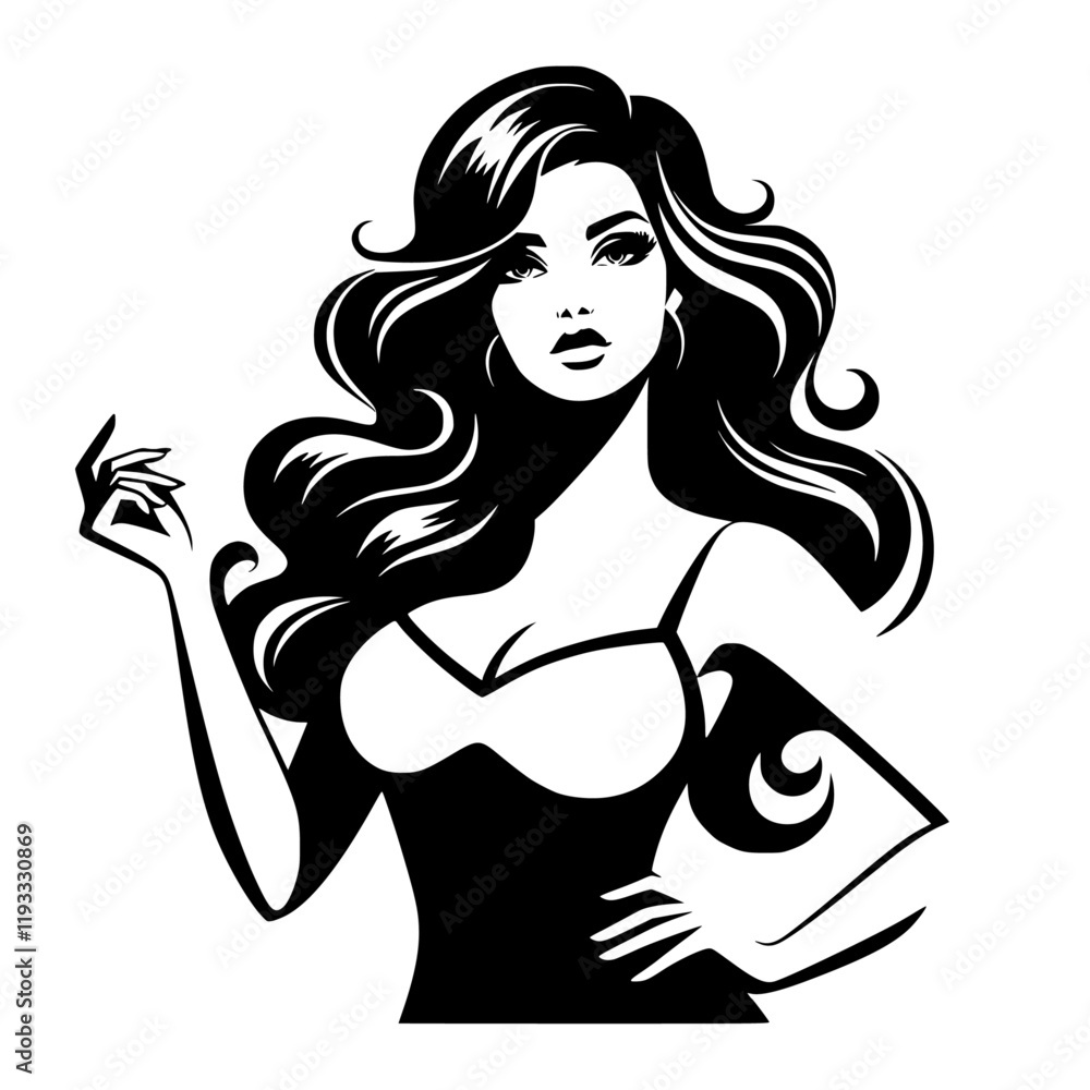 Obraz premium A vector silhouette of a stylish female model with long hair isolated on a white background.