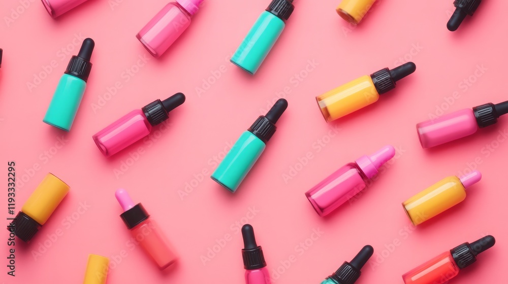 Top view of vibrant dropper bottles on pastel pink, forming a visually pleasing beauty essentials pattern. Top view of vibrant dropper bottles on pastel pink, forming a visually pleasing beauty essentials pattern.