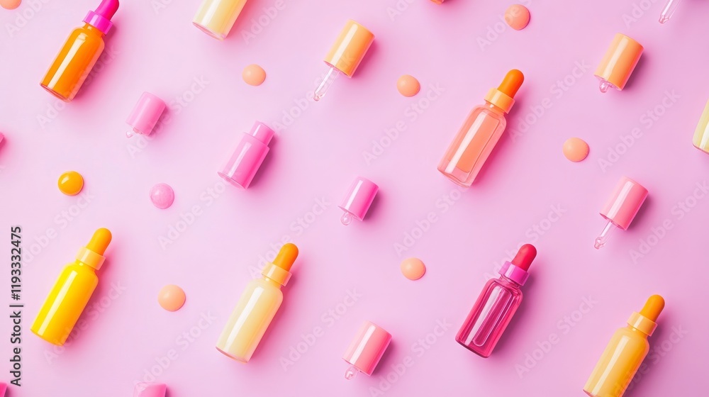 Top view of vibrant dropper bottles on pastel pink, forming a visually pleasing beauty essentials pattern. Top view of vibrant dropper bottles on pastel pink, forming a visually pleasing beauty essentials pattern.