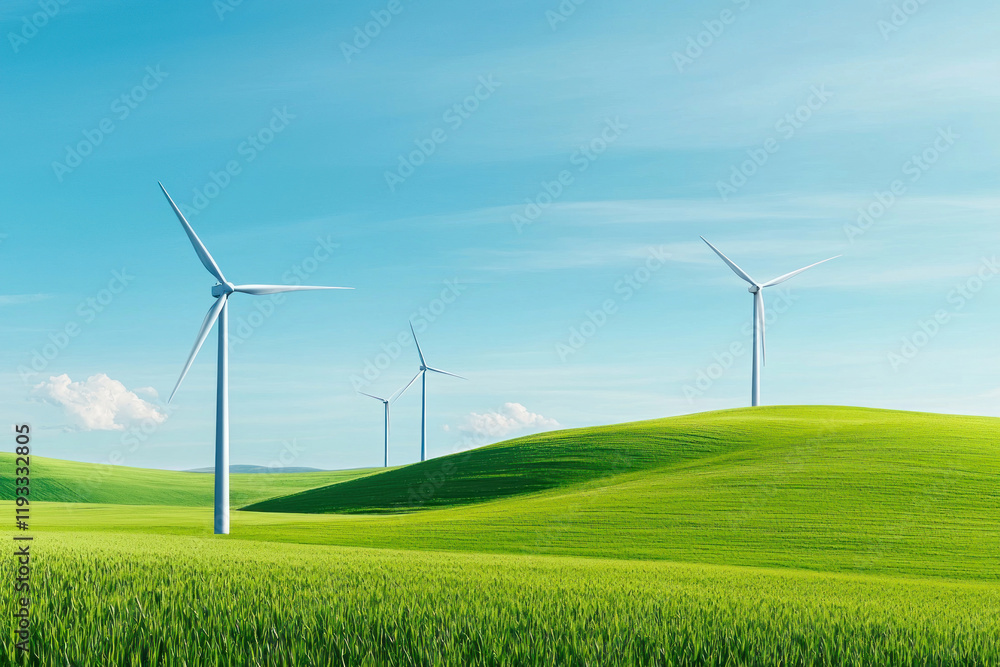 Vast green hills with wind turbines under a clear blue sky, symbolizing renewable energy. Vast green hills with wind turbines under a clear blue sky, symbolizing renewable energy.