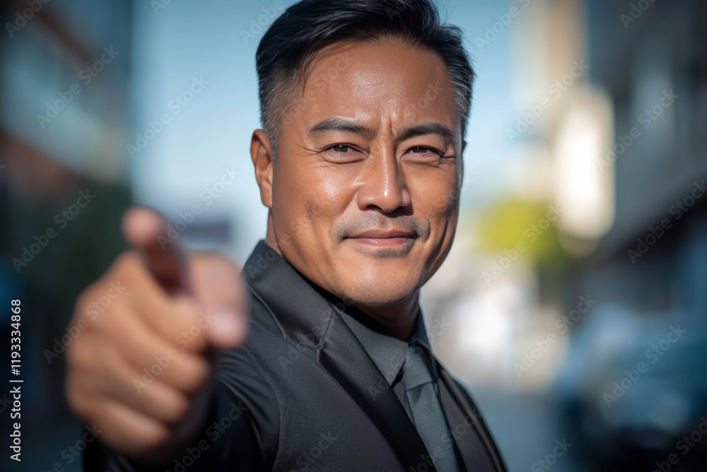 Obraz premium Confident man in suit pointing forward, exuding charisma and determination in urban setting. background features blurred buildings, enhancing focus on his expression