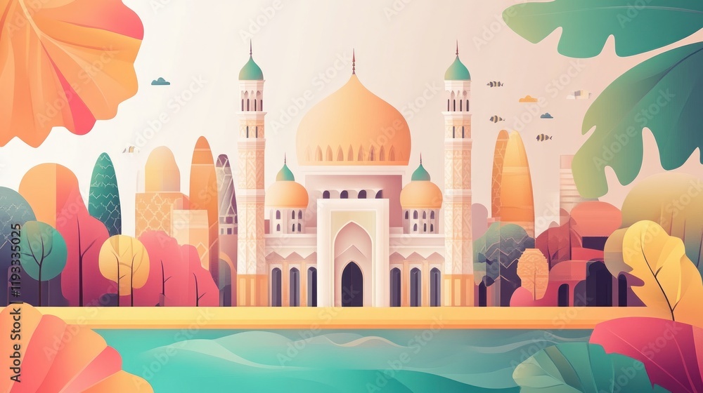 Fototapeta premium Flat Vector Islamic Mosque Design with Geometric Patterns and Colors