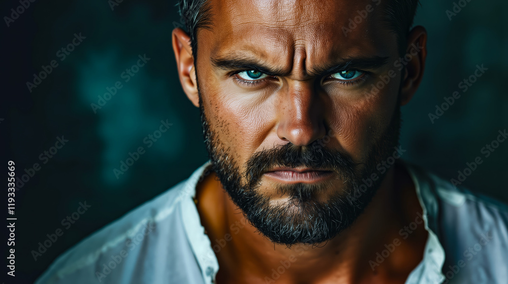 A man with a beard and blue eyes looking at the camera A man with a beard and blue eyes looking at the camera