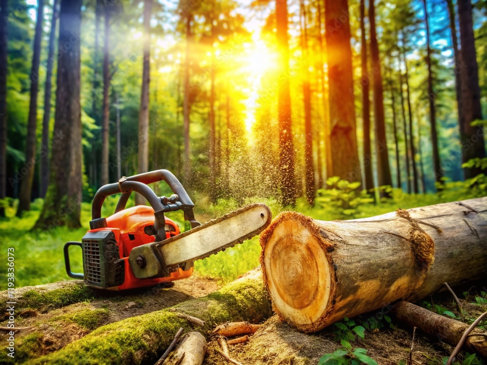Chainsaw Resting on Freshly Cut Log in Forest - Lumberjack Tool Stock Photo Chainsaw Resting on Freshly Cut Log in Forest - Lumberjack Tool Stock Photo