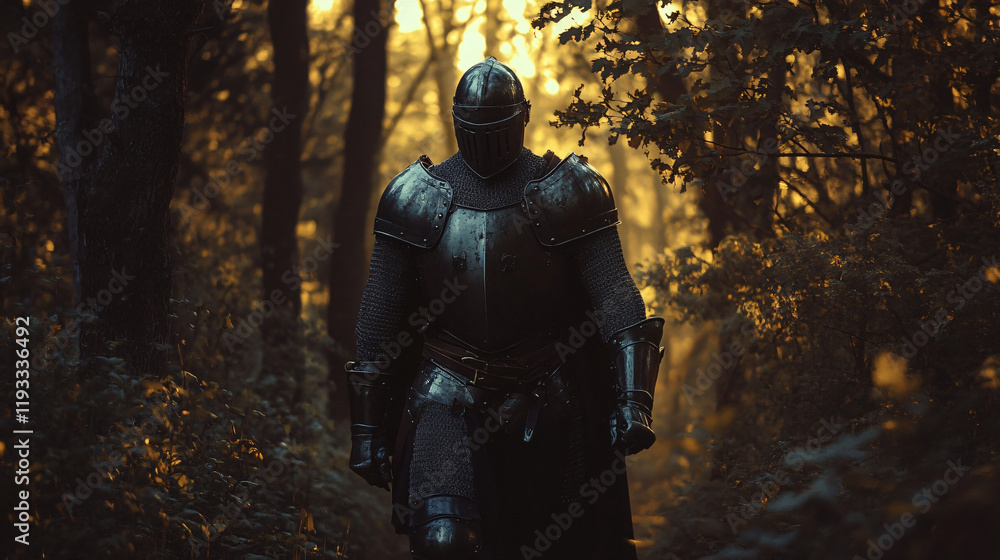 Fototapeta premium A knight walks through a dense forest at twilight, his armor clinking softly with each step. The trees loom tall around him, their branches intertwining to form an eerie canopy. His helmet reflects th