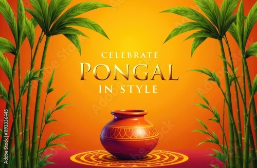 A Pongal advertisement banner with sugarcane stalks forming a circular frame around a central clay pot illustration. The text 'Celebrate Pongal in Style' is in bold gold fonts