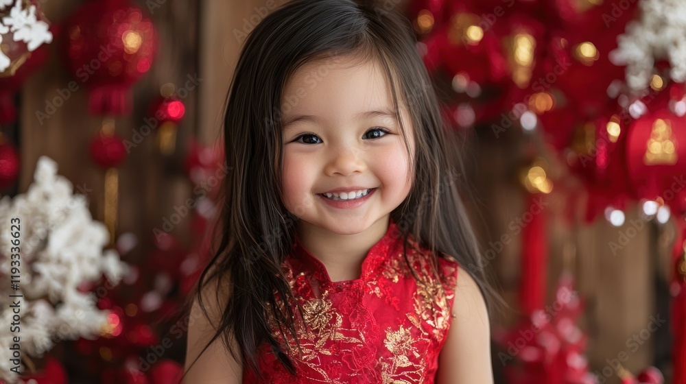 A little girl smiling in her new Chinese New Year dress, surrounded by festive decorations A little girl smiling in her new Chinese New Year dress, surrounded by festive decorations