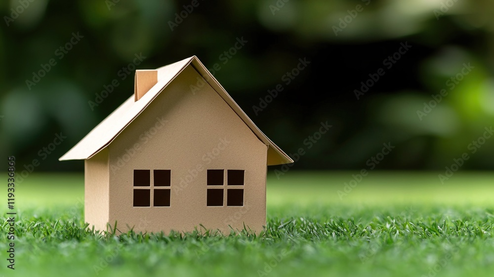 Paper House Model Resting on Green Grass in a Natural Setting, Paper eco friendly house concept. Paper House Model Resting on Green Grass in a Natural Setting, Paper eco friendly house concept.