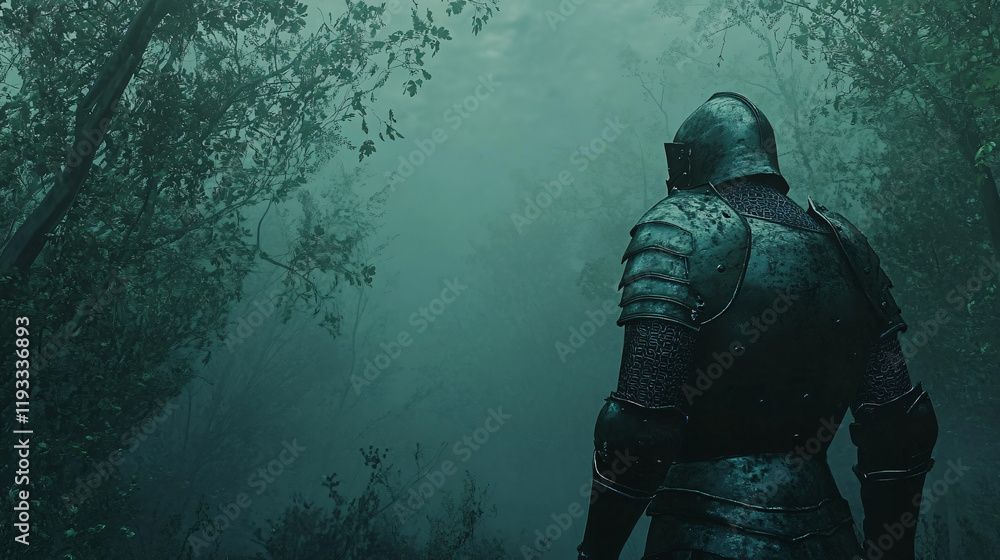 A knight walks through a dense forest at twilight, his armor clinking softly with each step. The trees loom tall around him, their branches intertwining to form an eerie canopy. His helmet reflects th A knight walks through a dense forest at twilight, his armor clinking softly with each step. The trees loom tall around him, their branches intertwining to form an eerie canopy. His helmet reflects th