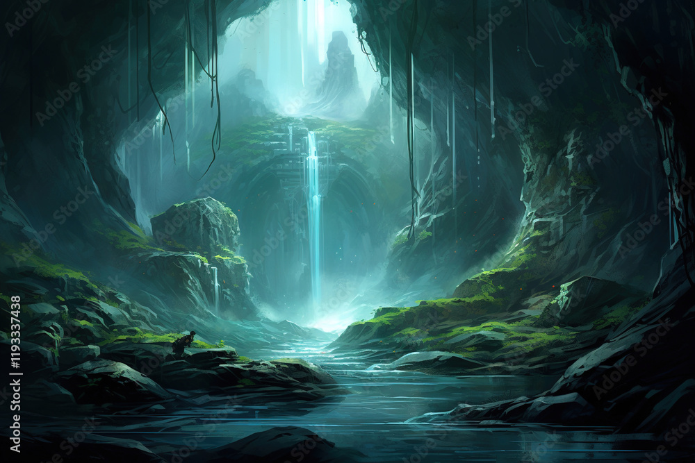 Fototapeta premium Enchanted Cave Waterfall Landscape