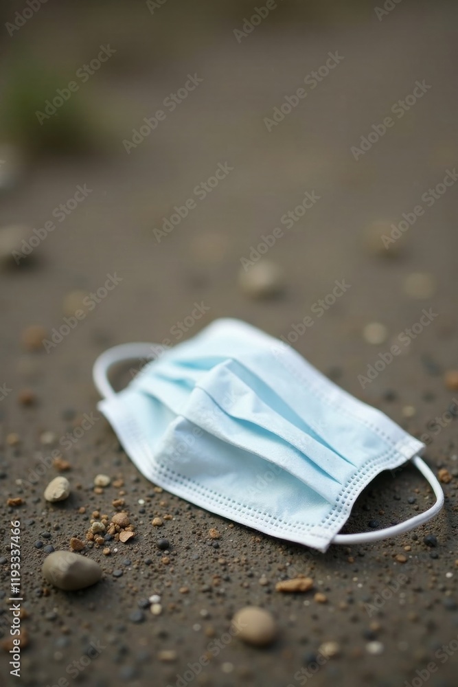 A discarded light blue face mask rests on the ground amongst small pebbles and dirt, a poignant reminder of environmental responsibility A discarded light blue face mask rests on the ground amongst small pebbles and dirt, a poignant reminder of environmental responsibility