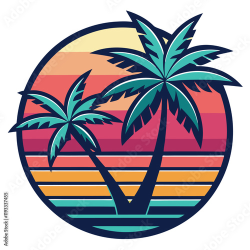 Tropical island with a palm tree silhouette under the sun photo