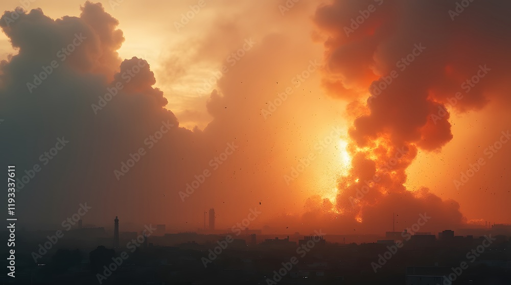 Obraz premium Abstract illustration of smoke clouds, fire sparks, stones fragments, flying up embers, burning cinder from explosion or natural disaster. Military banner with copy space. Concept for war games, ads