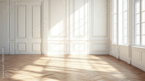 Wallpaper Mural A Nordic-inspired interior showcasing an airy white room with sunlight streaming through a window onto wooden floors. Torontodigital.ca