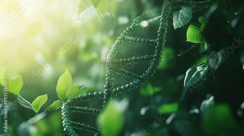 DNA strands twist together, enveloped by lush green foliage reflecting sunlight, showcasing the intricate connection between nature and genetics in a serene environment.