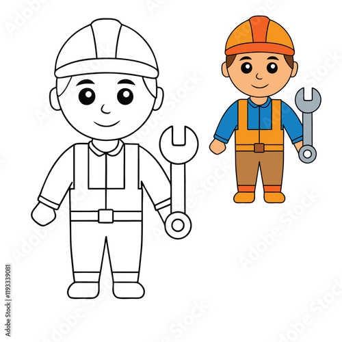 A male oil rig worker stands confidently, holding a wrench. He's dressed in safety gear with a hard hat and overalls, ready for maintenance work on the oil rig.