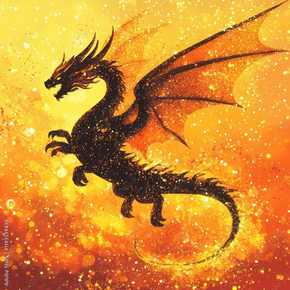 Golden Dragon Soaring Through Fiery Sky Golden Dragon Soaring Through Fiery Sky