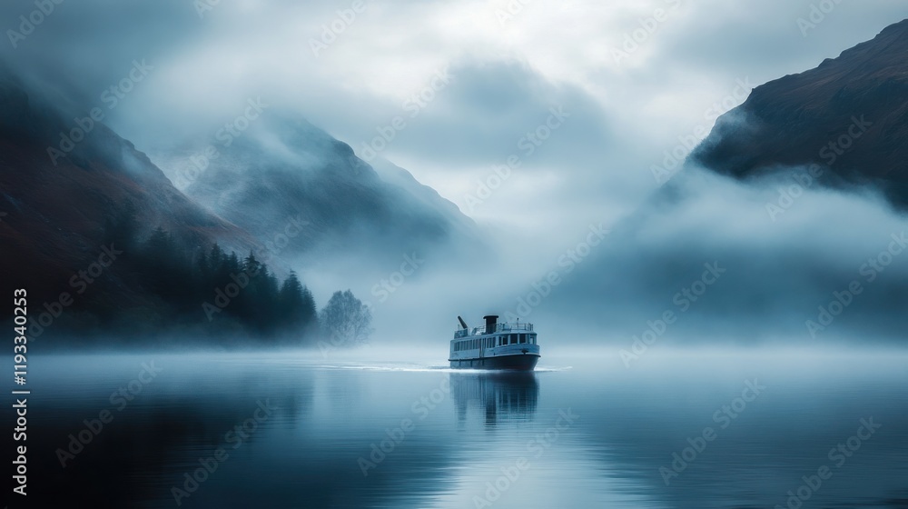 Naklejka premium A captivating image of a ferry gliding through a misty landscape, creating a sense of mystery and tranquility 