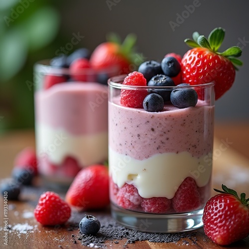 Wallpaper Mural Two elegant glasses filled with strawberry and raspberry mousse, topped with fresh blueberries and strawberries, are beautifully arranged on a wooden table, inviting a sweet indulgence Torontodigital.ca