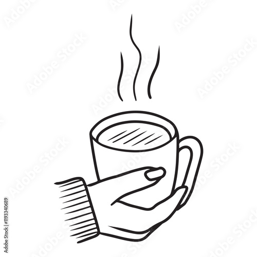 Hand holding cup of coffee, with steam in black isolated on white background. Hand drawn vector sketch illustration in doodle engraved vintage line art style. Cafe, ready to go, take and go