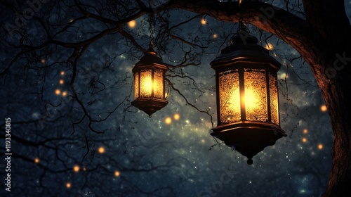 Glowing Lanterns Hanging from Tree Branches Under Night Sky