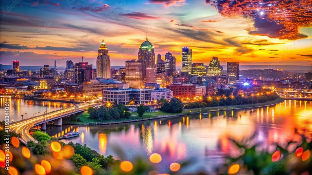 Naklejka premium Cincinnati Twilight Skyline: Bokeh Cityscape at Dusk