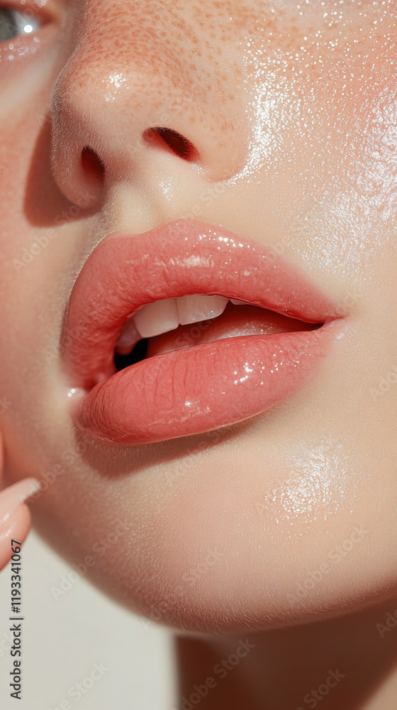 Fototapeta premium close up of woman lips with glossy finish, showcasing natural beauty and soft skin texture. image highlights fresh and radiant look, perfect for beauty and skincare themes