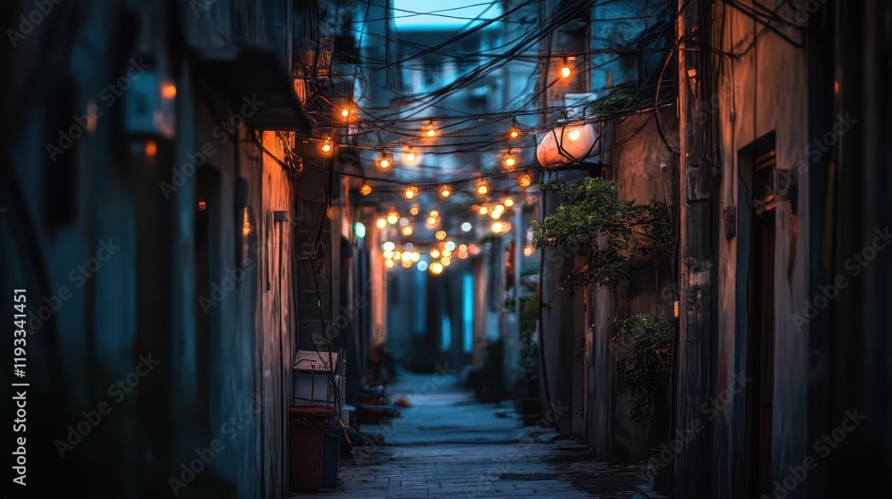 Naklejka premium Serene Night Alleyway with Soft Glowing Lights Enhancing Mysterious Atmosphere in Urban Setting