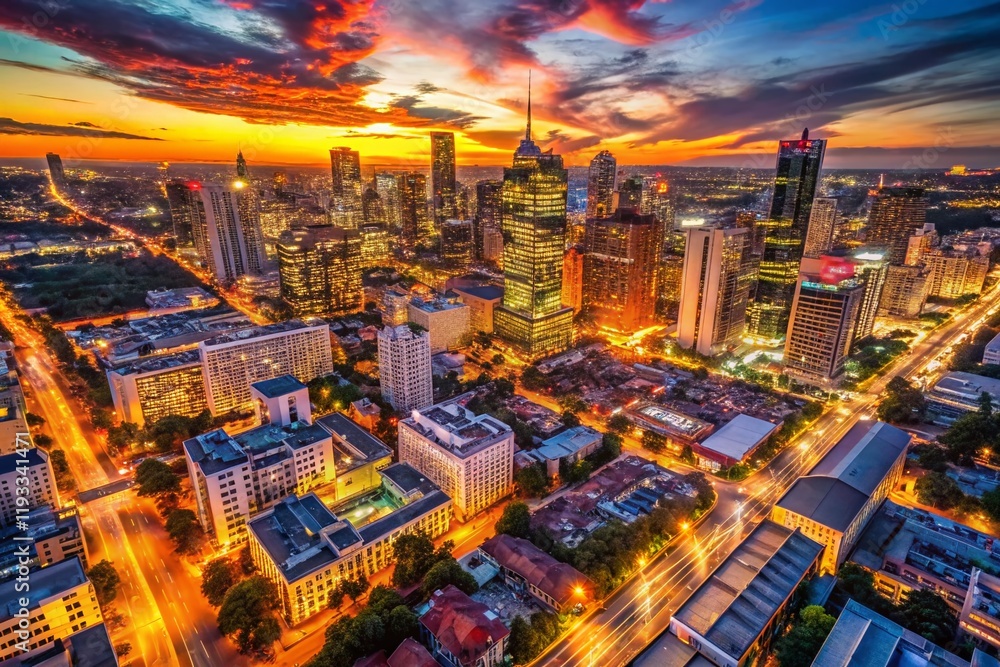 Obraz premium Cityscape at Dusk: Vibrant Orange, Red, and White Lights Illuminate Urban Streets