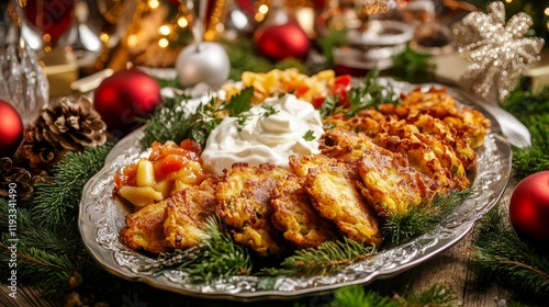 Festive Table Setting with Delicious Hanukkah Latkes and Toppings photo