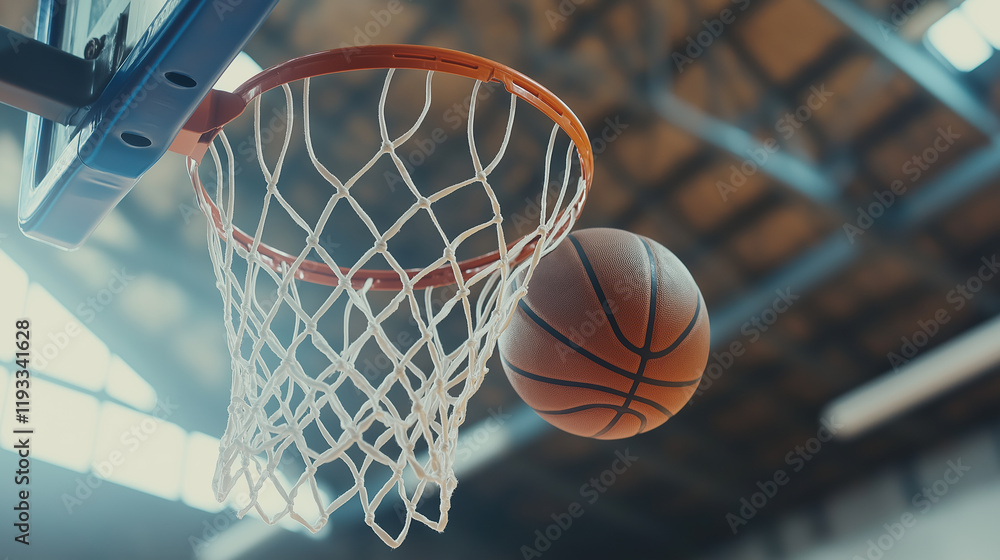 Close up of basketball hoop with ball mid air in an indoor sports court Close up of basketball hoop with ball mid air in an indoor sports court