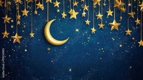 Wallpaper Mural Golden Crescent Moon and Stars Hanging in Royal Blue Night Sky Torontodigital.ca