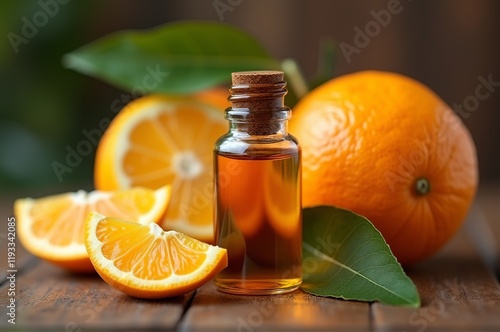 A charming glass bottle filled with golden orange oil sits among bright, juicy oranges and sun-kissed citrus slices, showcasing nature's bounty on a rustic wooden backdrop