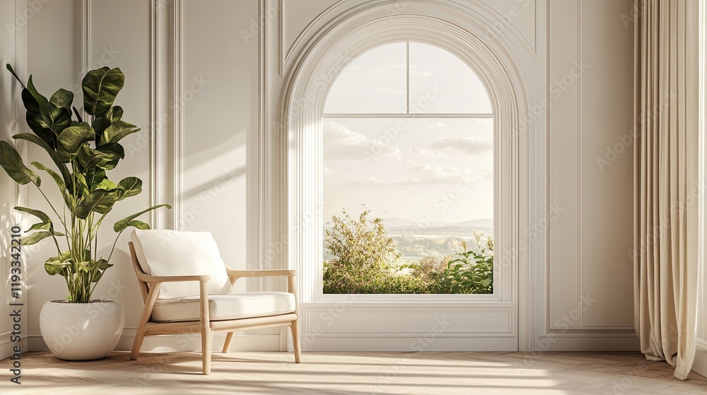 Fototapeta premium Minimalist 3D-rendered room in Scandinavian style, featuring a pristine interior and a summer scene outside the window.