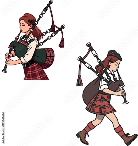 Two scottish women playing bagpipes and wearing kilts