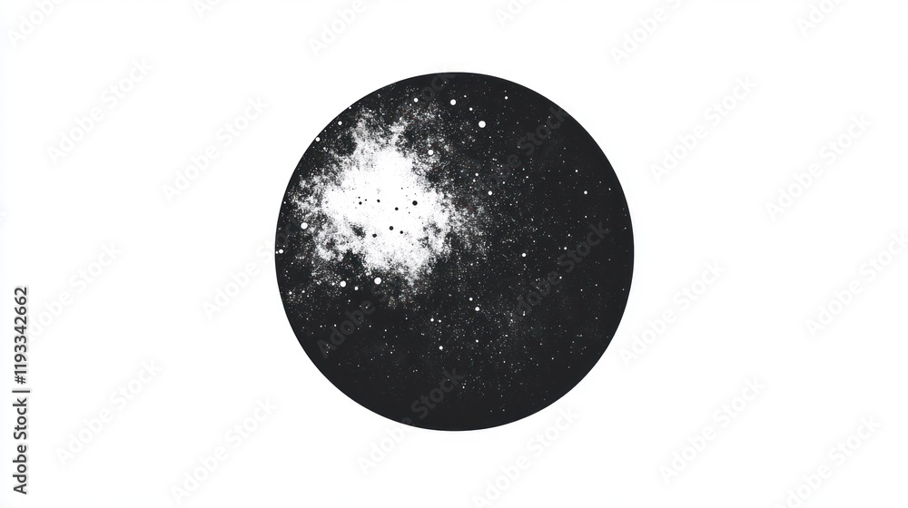 Black circle with white nebula and stars. Black circle with white nebula and stars.