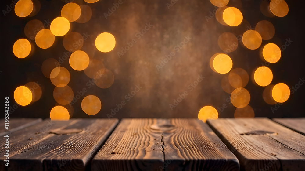 Abstract Background. A beautifully crafted wooden table adorned with festive lights glowing gently in the background, creating a warm ambiance
