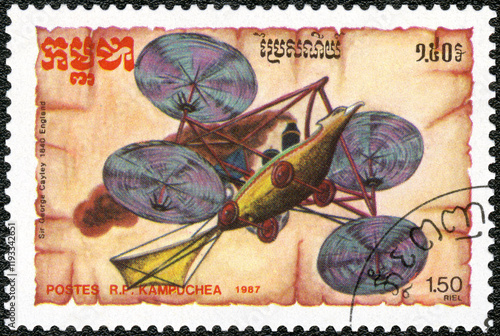 Quadro su tela KAMPUCHEA - 1987: shows plane designed by Sir George Cayley, series Original Air