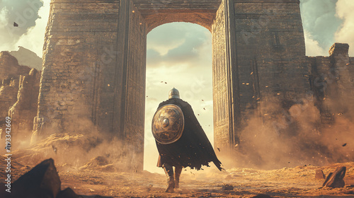 A knight with a shield raised high stands before a massive, ancient gate, ready to face an unknown foe.