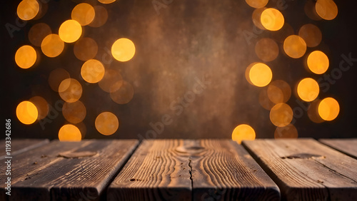 Obraz na płótnie Abstract Background. A beautifully crafted wooden table adorned with festive lights glowing gently in the background, creating a warm ambiance w salonie