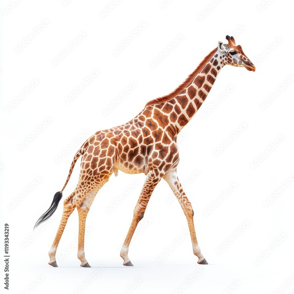 Fototapeta premium A solitary giraffe strides gracefully across a minimalist white surface, set against an entirely white background, highlighting its unique silhouette.