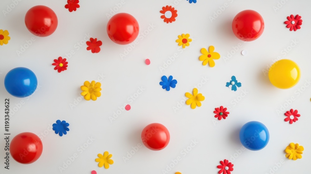 Obraz premium Colorful Arrangement of Red, Blue, Yellow Balls and Various Flower Shapes on a Bright White Background Ideal for Creative or Playful Imagery in Stock Photography